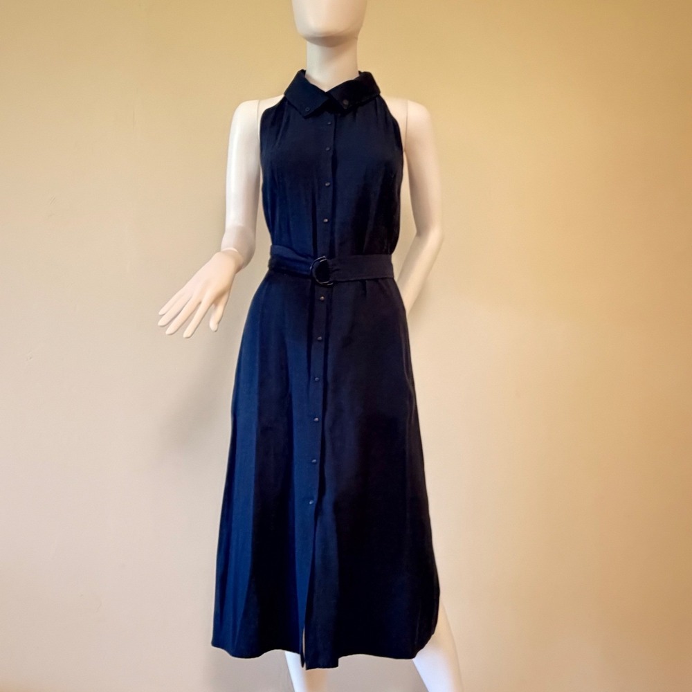 Akris Punto Women's Navy Blue Sleeveless Button Front‎ Belted Midi Dress  Size 2